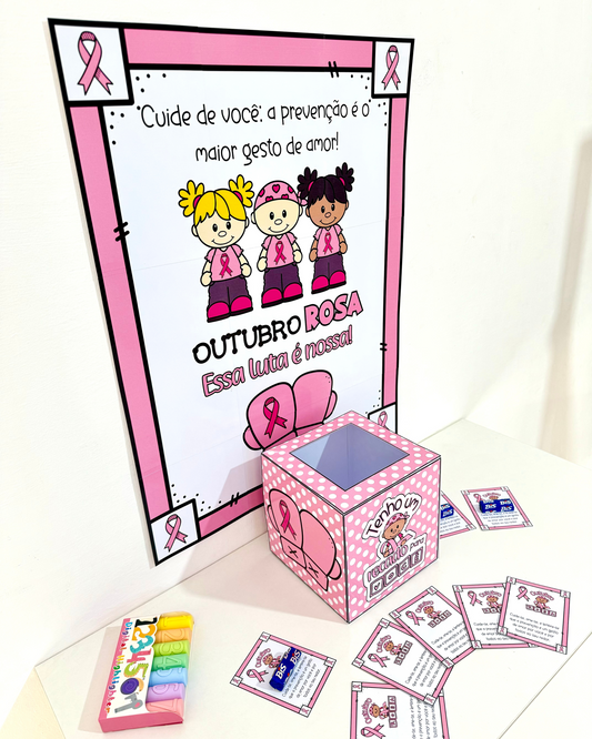 Cartaz, caixa e lembrancinhas para Outubro Rosa