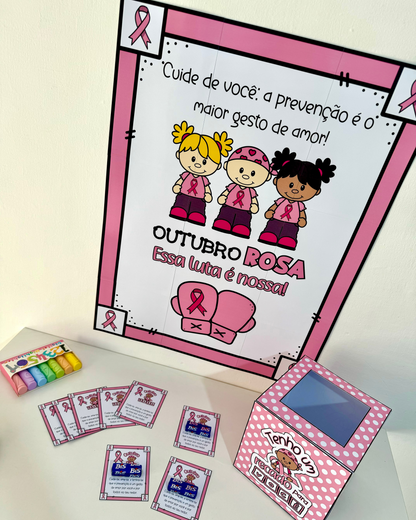 Cartaz, caixa e lembrancinhas para Outubro Rosa