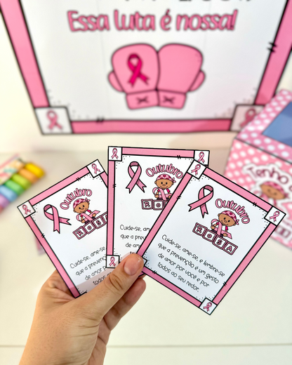 Cartaz, caixa e lembrancinhas para Outubro Rosa