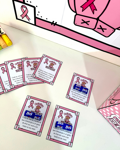 Cartaz, caixa e lembrancinhas para Outubro Rosa